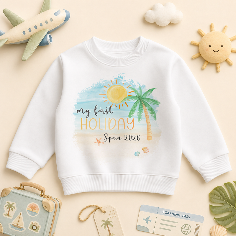 My First Holiday Watercolour Palm Tree Beach — summer sweatshirt