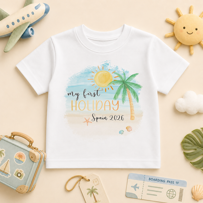 My First Holiday Watercolour Palm Tree Beach — summer t-shirt
