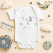 Personalised First Time Flyer Baby Vest Bodysuit for Boys, Aeroplane Holiday Keepsake with Name