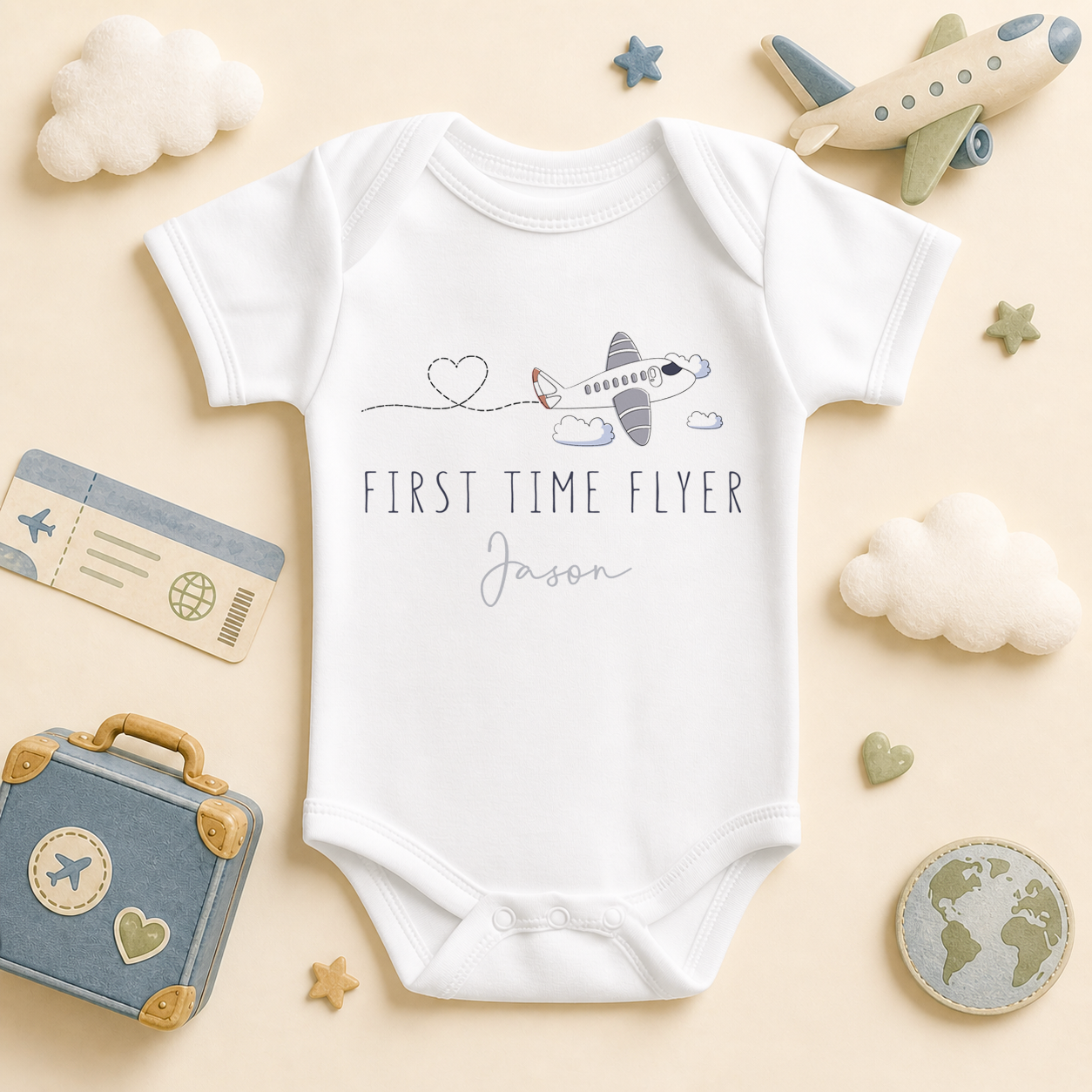 First Time Flyer — plane and heart cloud trail baby vest bodysuit