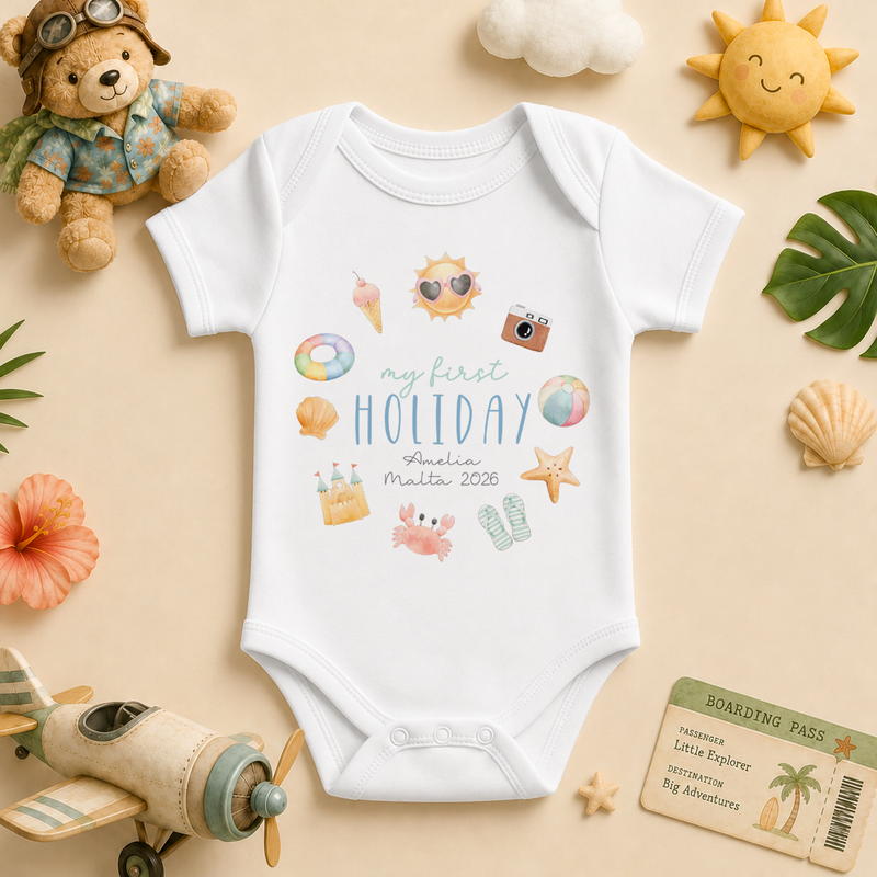 My First Holiday — watercolour beach icons baby vest bodysuit