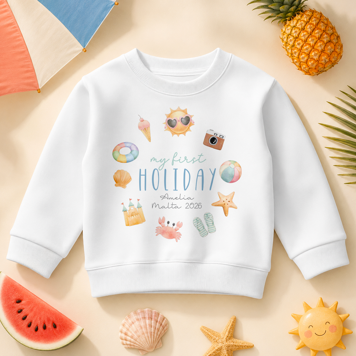Personalised Summer Holiday Kids Sweatshirt, Watercolour Beach Icons with Name Destination and Year
