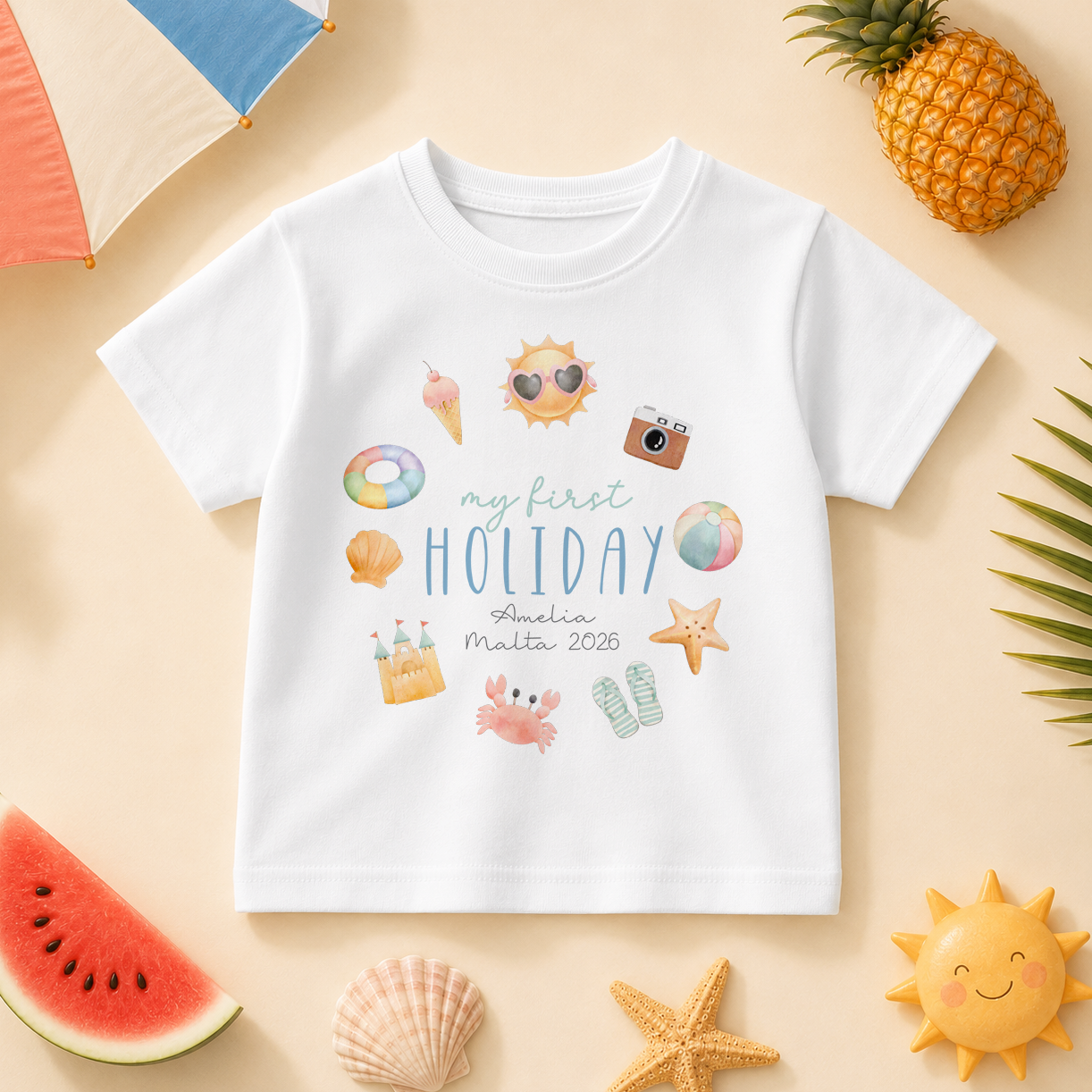 Personalised My First Holiday Kids T-Shirt, Watercolour Summer Beach Icons with Name and Destination