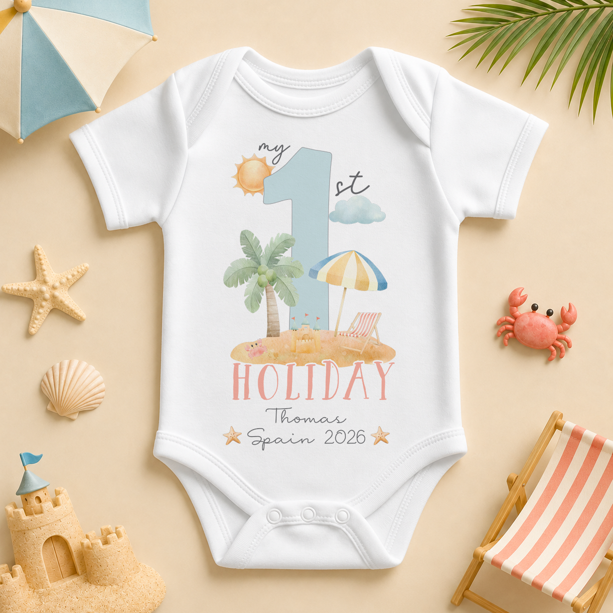 Personalised Summer Holiday Baby Vest Bodysuit, My First Holiday Beach Watercolour