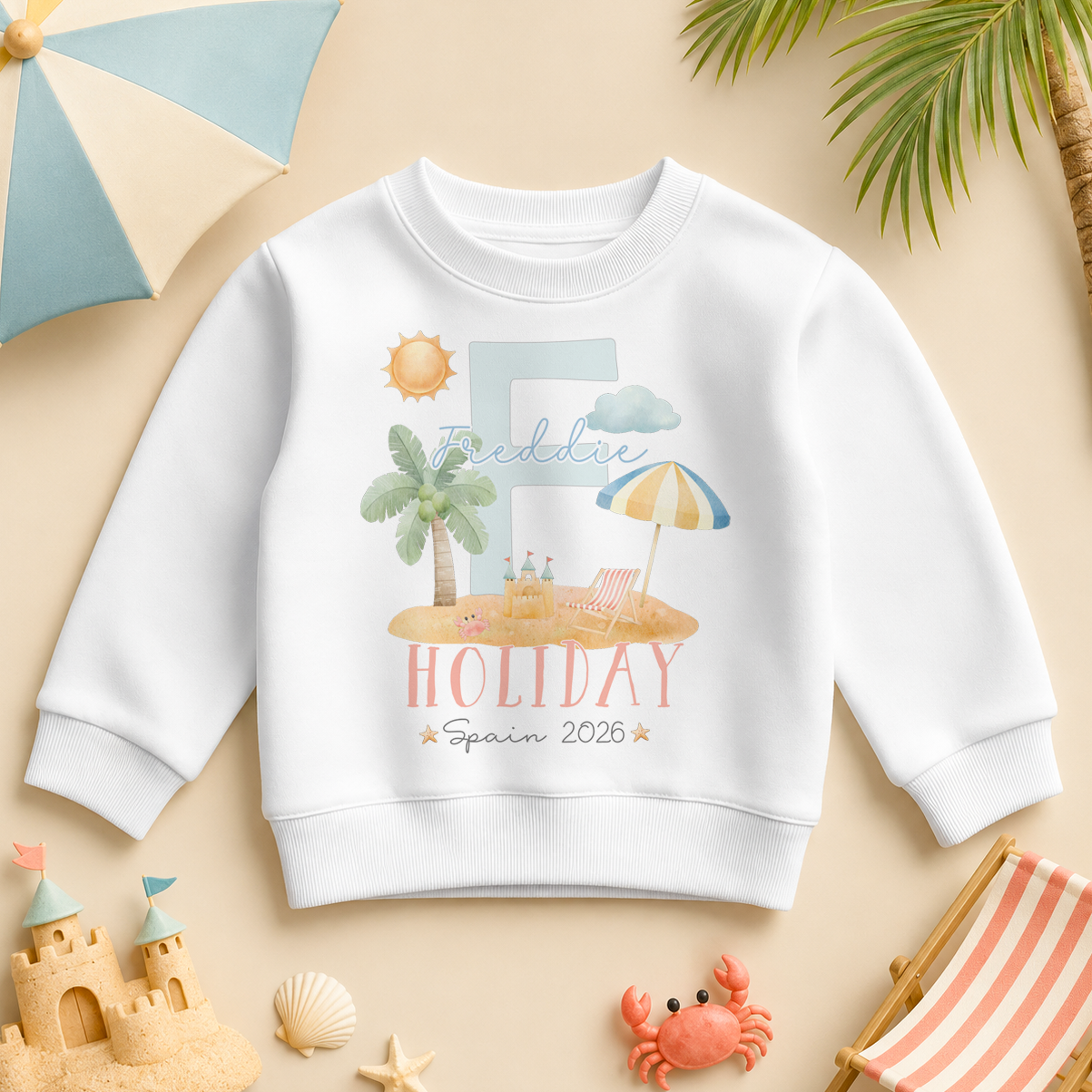 Personalised summer holiday kids sweatshirt, watercolour initial letter beach design