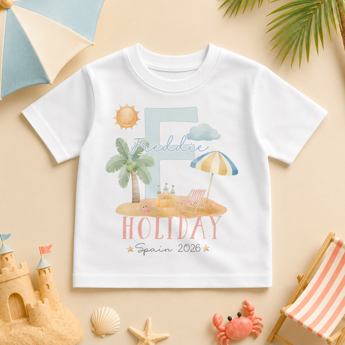 Personalised My Summer Holiday Kids T-Shirt, Watercolour Initial Letter Beach with Name and Destination