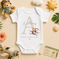 Personalised First Time Flyer Baby Vest Bodysuit, Watercolour Teddy Bear Plane Initial Holiday Keepsake