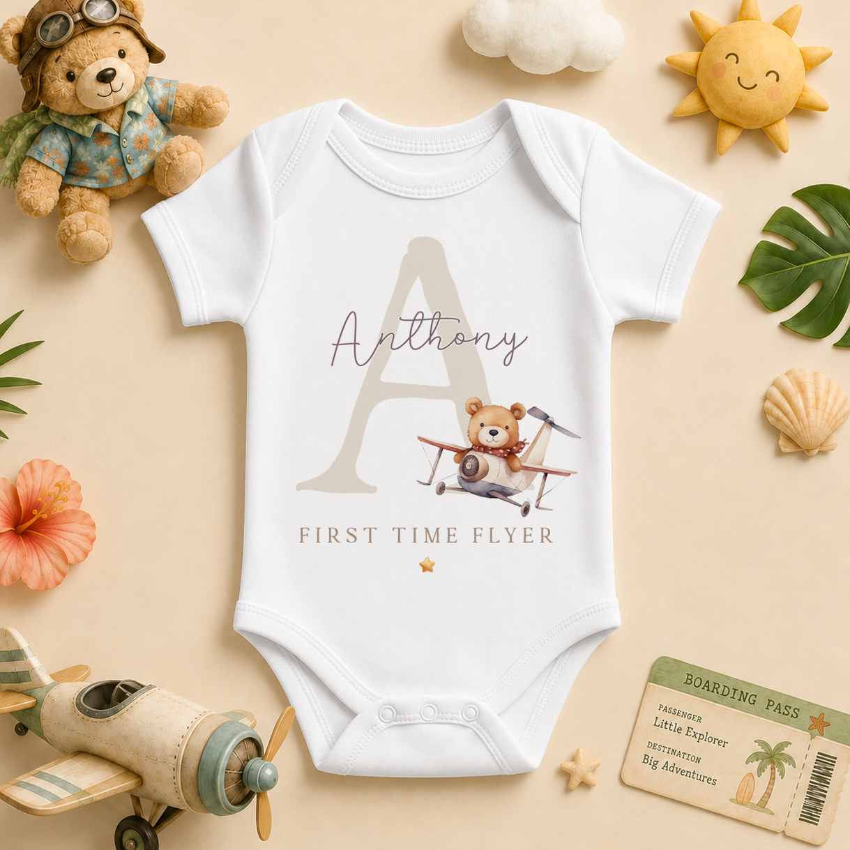 First Time Flyer — bear with plane and initial baby vest bodysuit