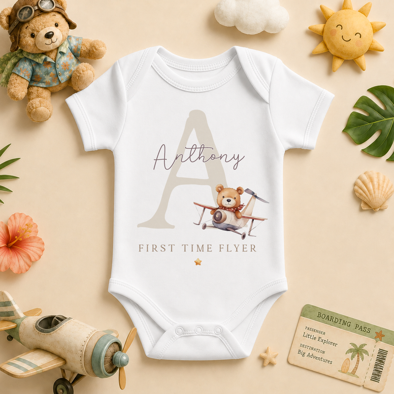 First Time Flyer — bear with plane and initial baby vest bodysuit