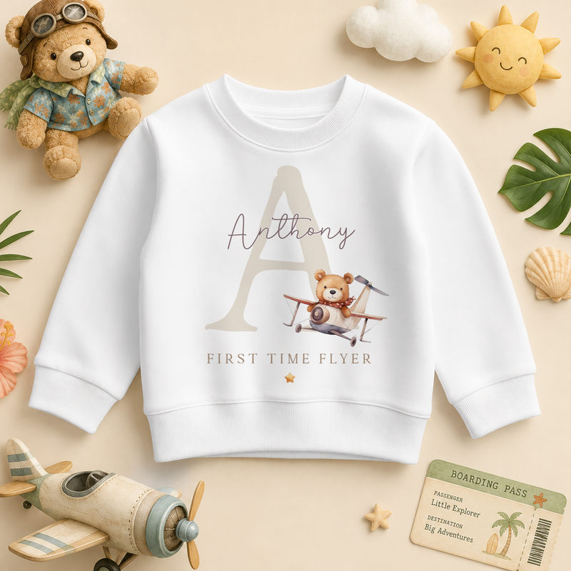 First Time Flyer — bear with plane and initial summer sweatshirt