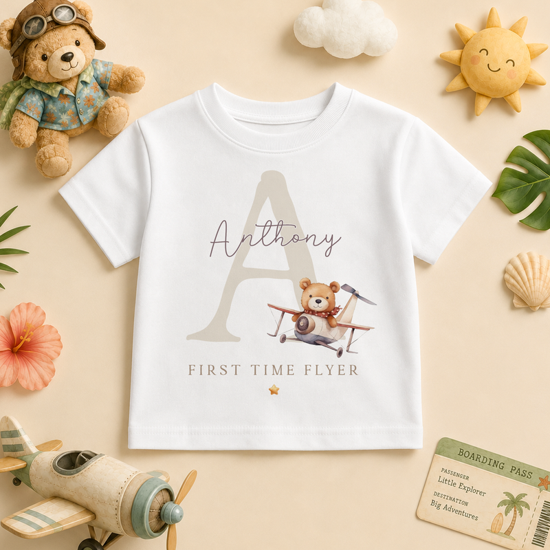 First Time Flyer — bear with plane and initial summer t-shirt