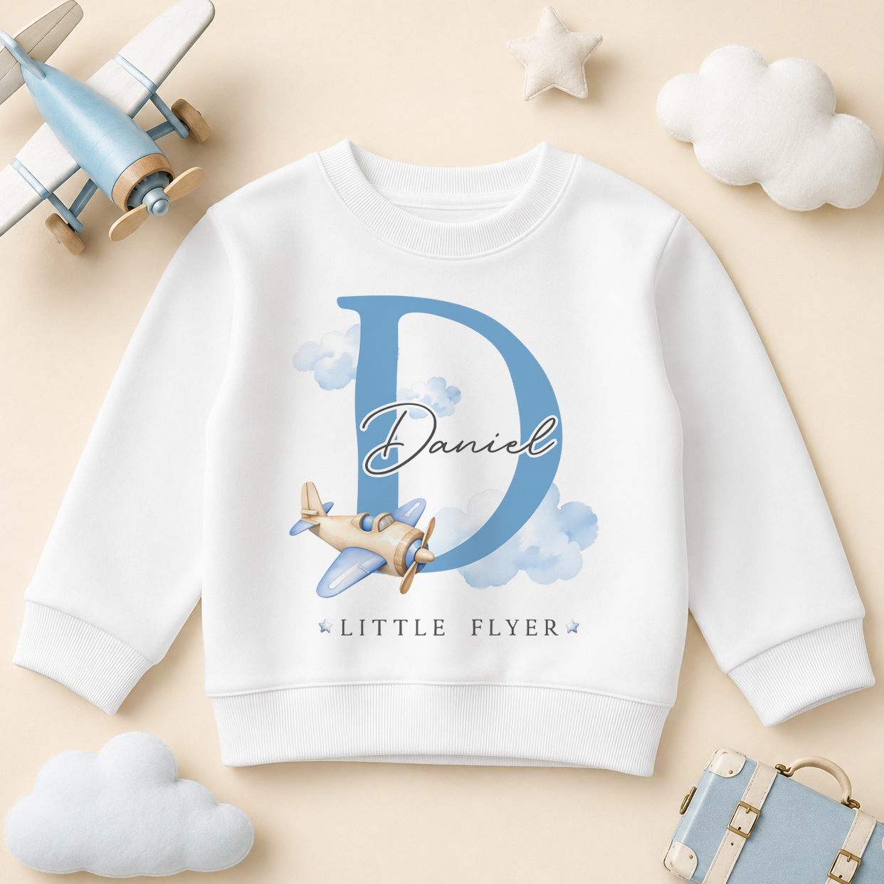 Little Flyer Blue Initial Plane — summer sweatshirt for boys