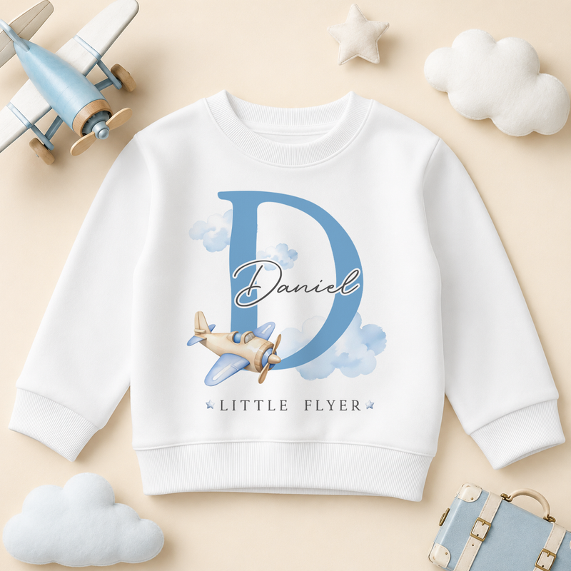 Little Flyer Blue Initial Plane — summer sweatshirt for boys