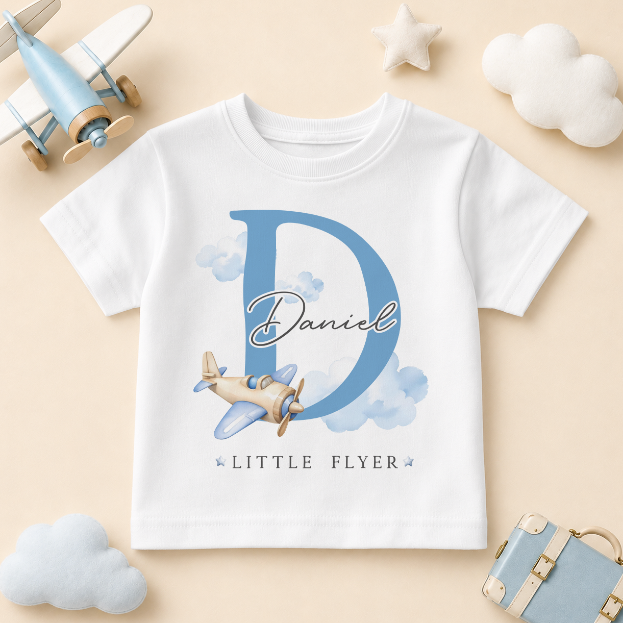 Little Flyer Blue Initial Plane — summer t-shirt for boys