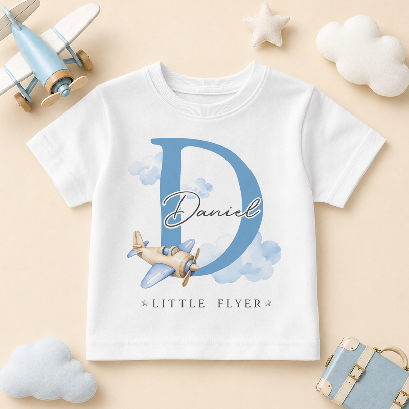 Little Flyer Blue Initial Plane — summer t-shirt for boys