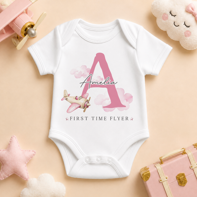 Little Flyer Pink Initial Plane — baby vest bodysuit for girls