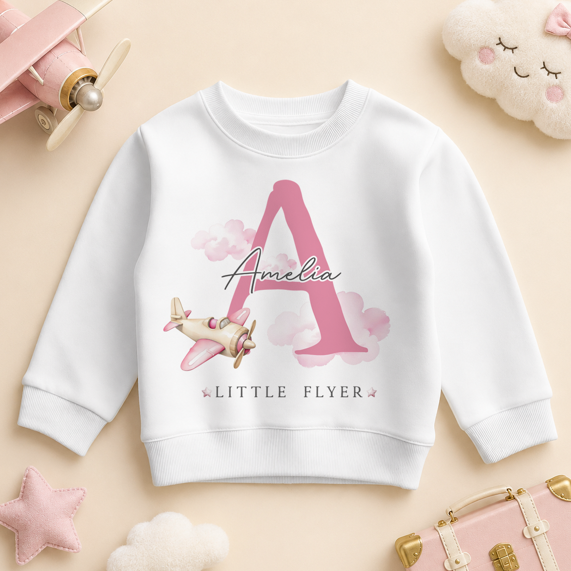 Little Flyer Pink Initial Plane — summer sweatshirt for girls