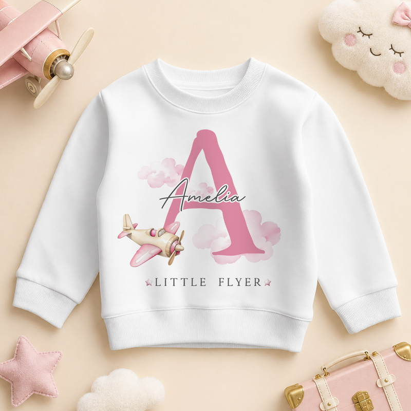 Little Flyer Pink Initial Plane — summer sweatshirt for girls