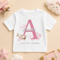 Personalised Summer Holiday Little Flyer Kids T-Shirt for Girls, Pink Initial Aeroplane