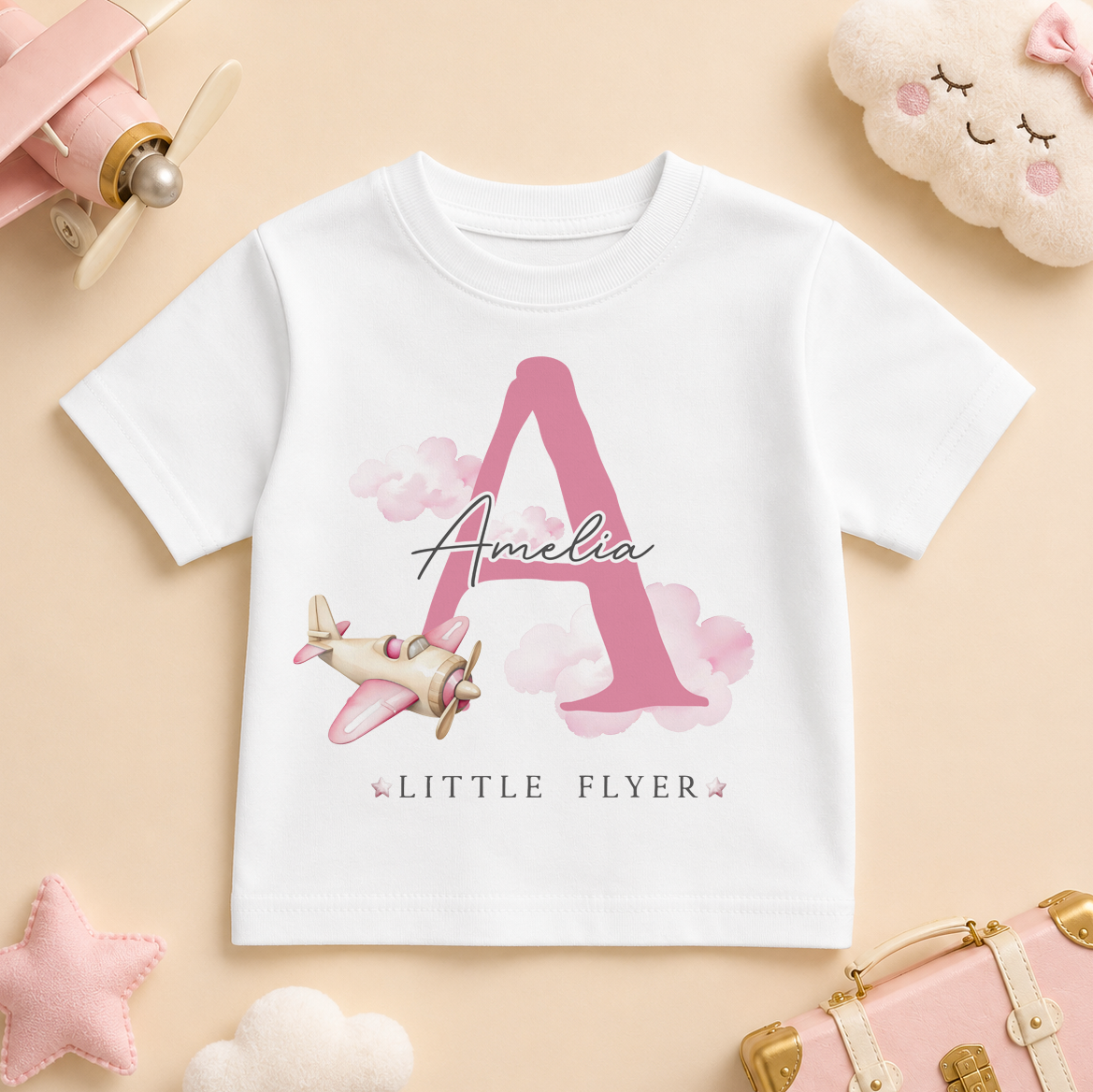Little Flyer Pink Initial Plane — summer t-shirt for girls
