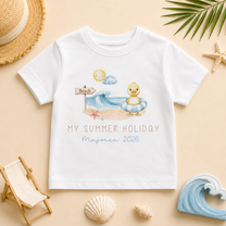 Personalised My Summer Holiday Kids T-Shirt, Beach Duck Rubber Ring Wave Destination Year