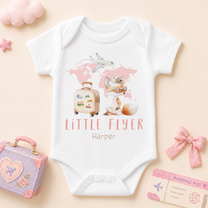 Personalised Holiday Baby Vest Bodysuit for Girls, Little Flyer Pink Fox Travel Aeroplane