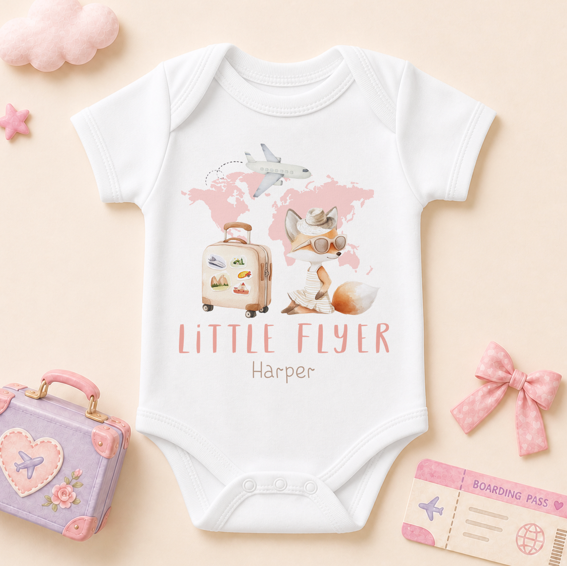 Little Flyer — bunny/fawn with suitcase and pink world map baby vest bodysuit for girls