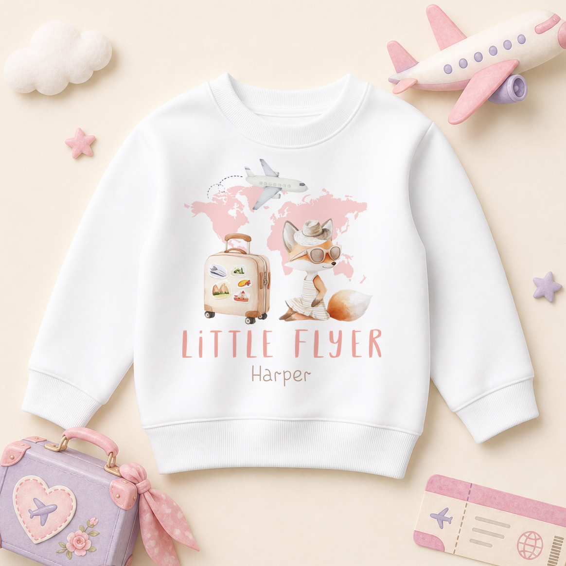 Little Flyer — bunny/fawn with suitcase and pink world map summer sweatshirt for girls