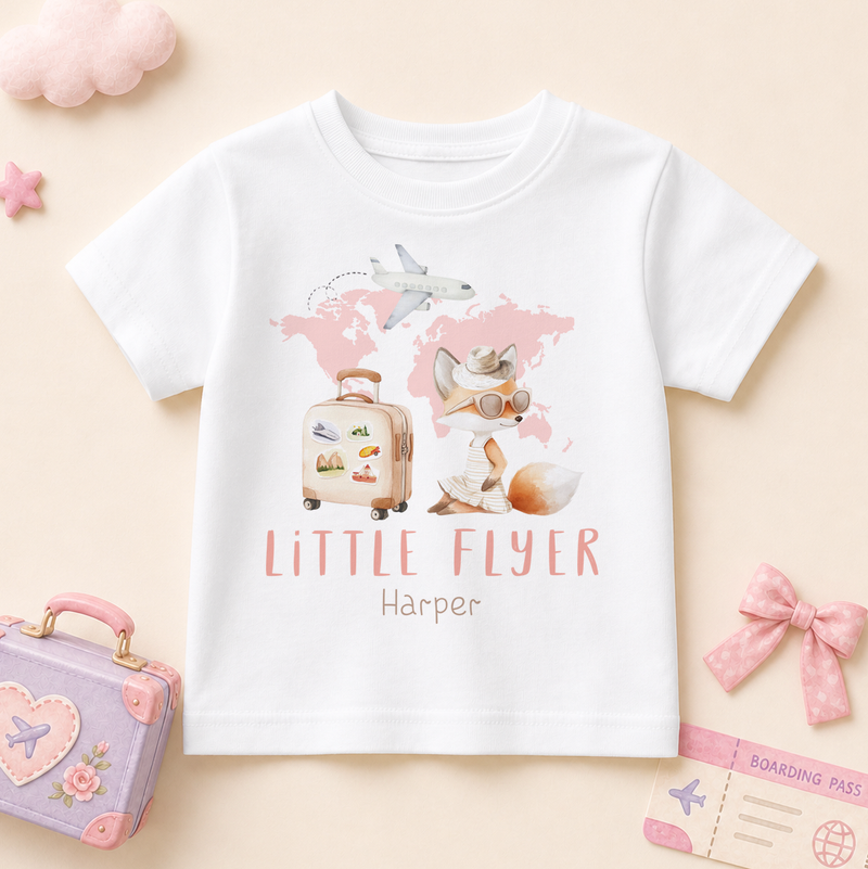 Little Flyer — bunny/fawn with suitcase and pink world map summer t-shirt for girls