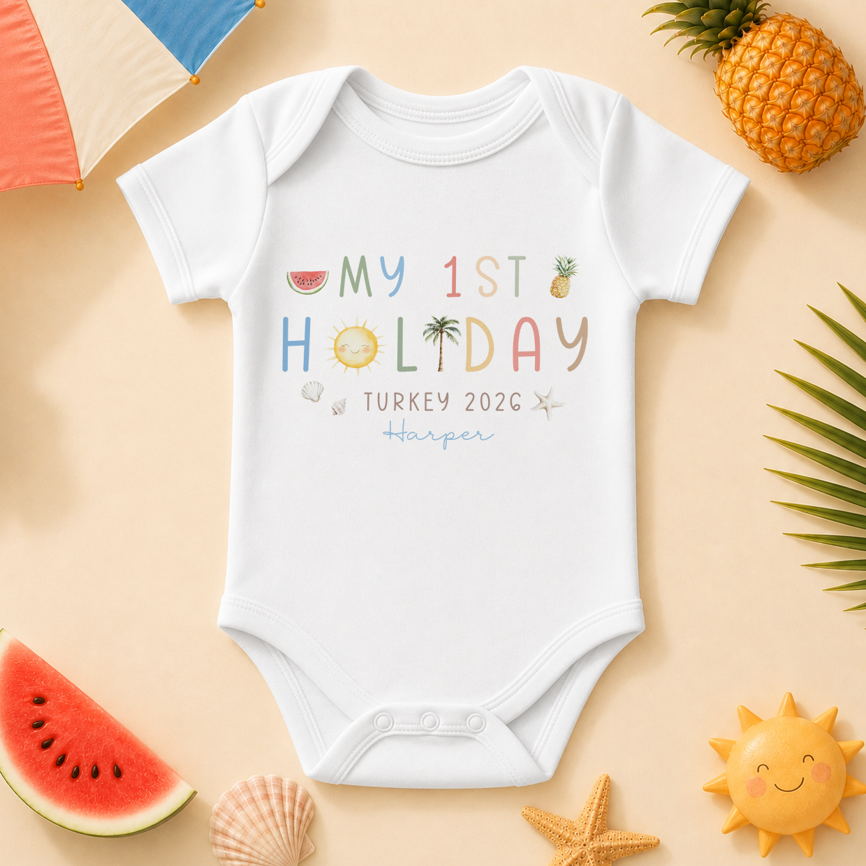 Personalised My First Holiday Baby Vest Bodysuit, Pastel Doodle Fruits Destination and Year