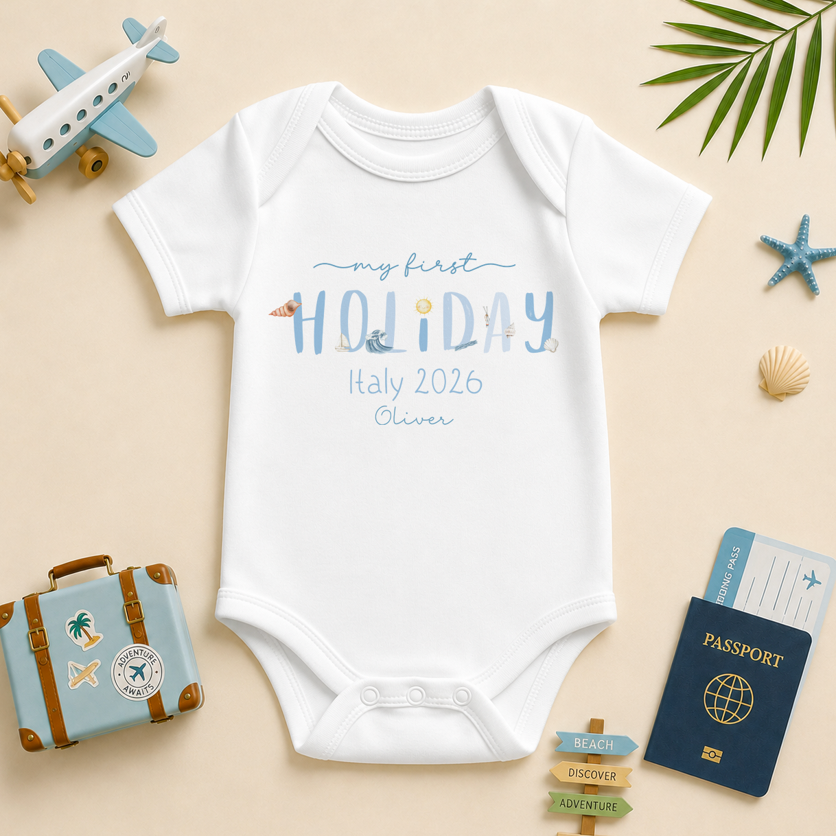 My Summer Holiday Blue Beach Icons HOLIDAY Text — baby vest bodysuit for boys
