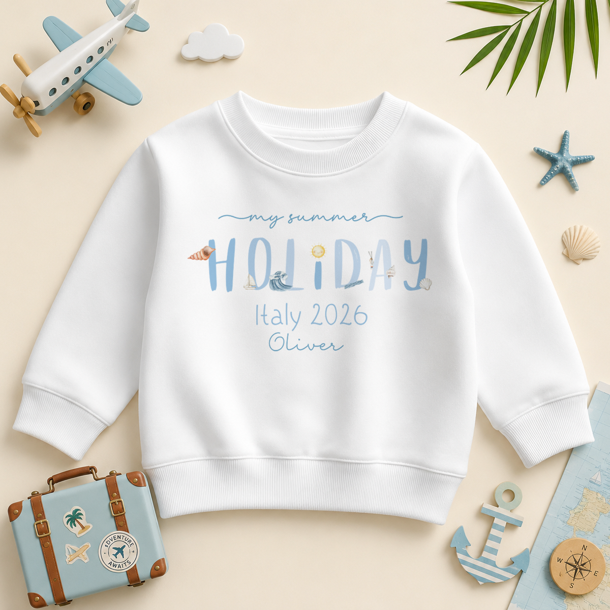 My Summer Holiday Blue Beach Icons HOLIDAY Text — summer sweatshirt for boys