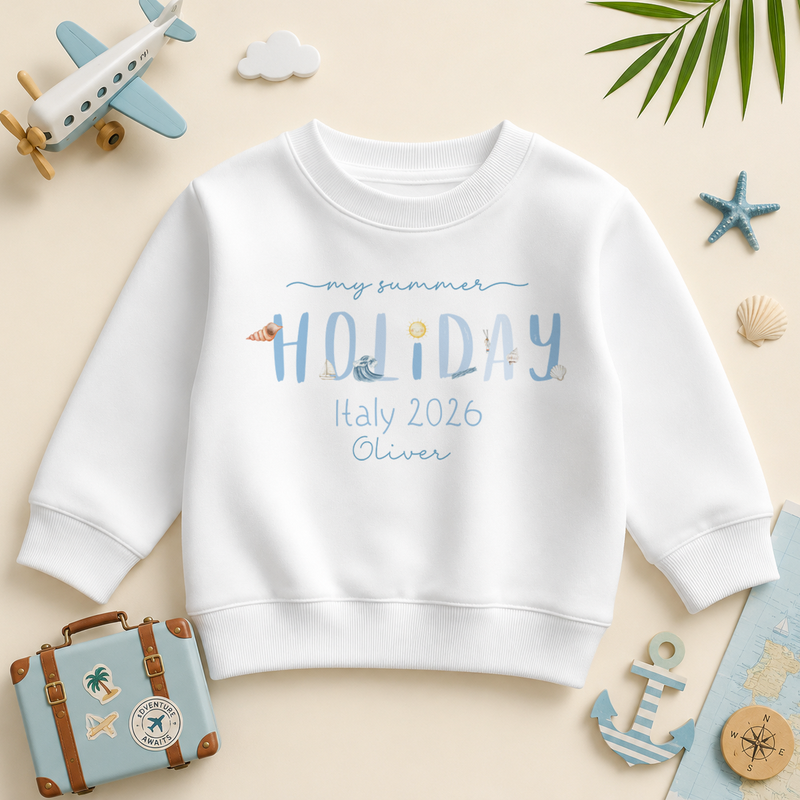 My Summer Holiday Blue Beach Icons HOLIDAY Text — summer sweatshirt for boys