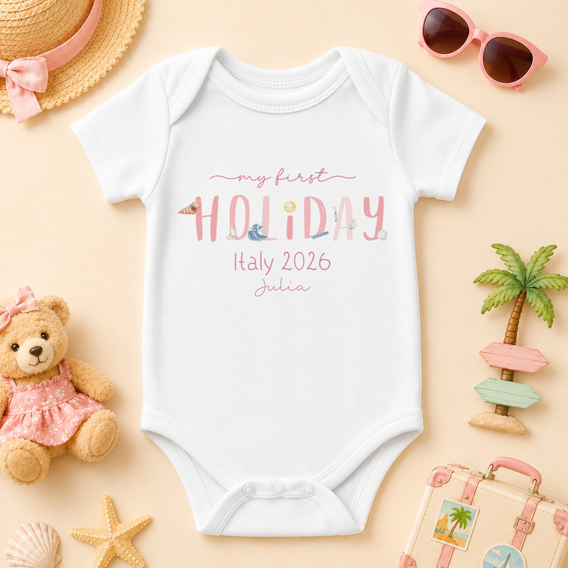 My Summer Holiday Pink Beach Icons HOLIDAY Text — baby vest bodysuit for girls