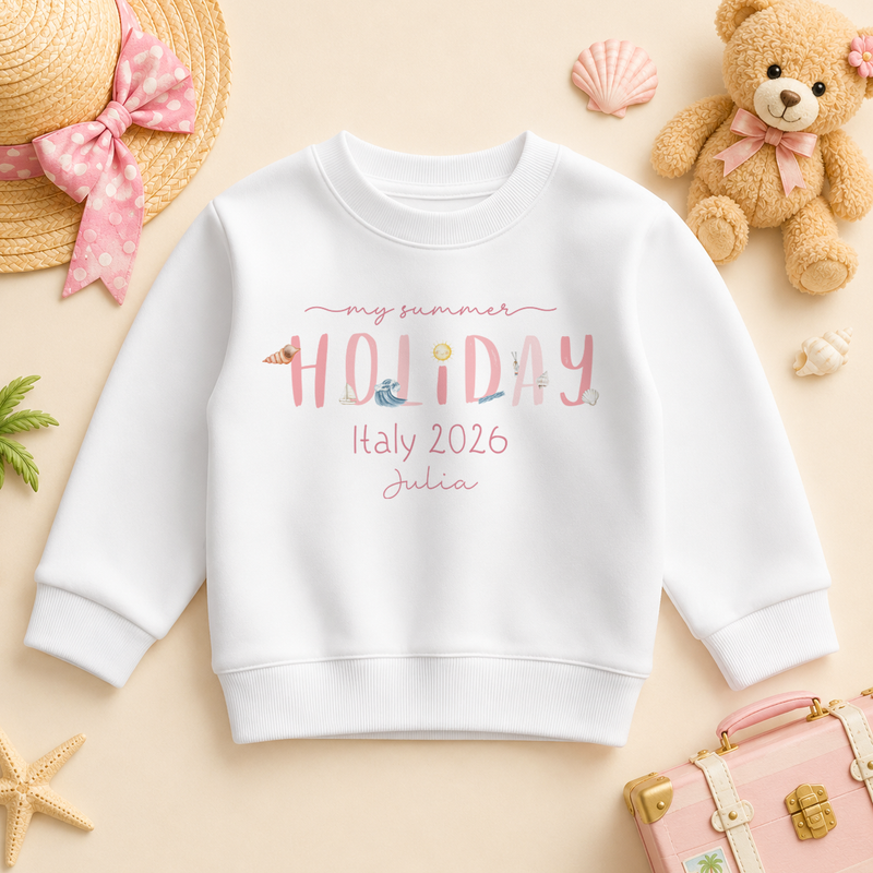 My Summer Holiday Pink Beach Icons HOLIDAY Text — summer sweatshirt for girls