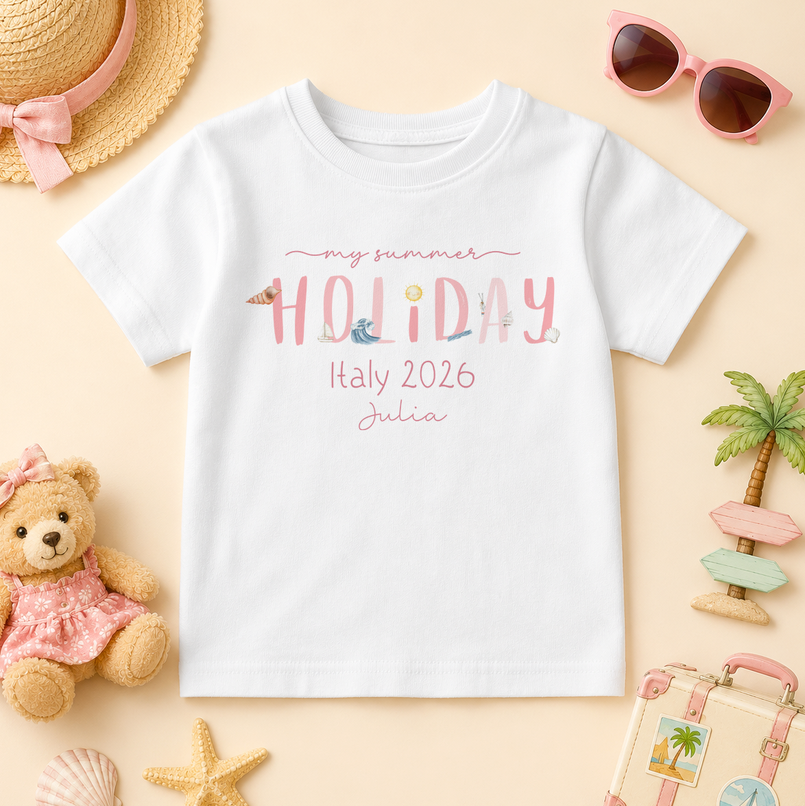 My Summer Holiday Pink Beach Icons HOLIDAY Text — summer t-shirt for girls