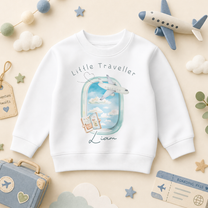 Personalised Little Traveller Kids Sweatshirt, Aeroplane Window Passport Holiday Travel