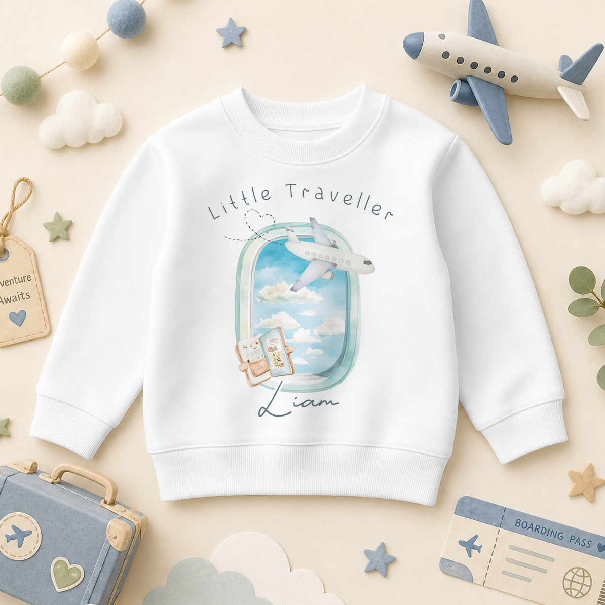 Little Traveller aeroplane window with passport — summer sweatshirt