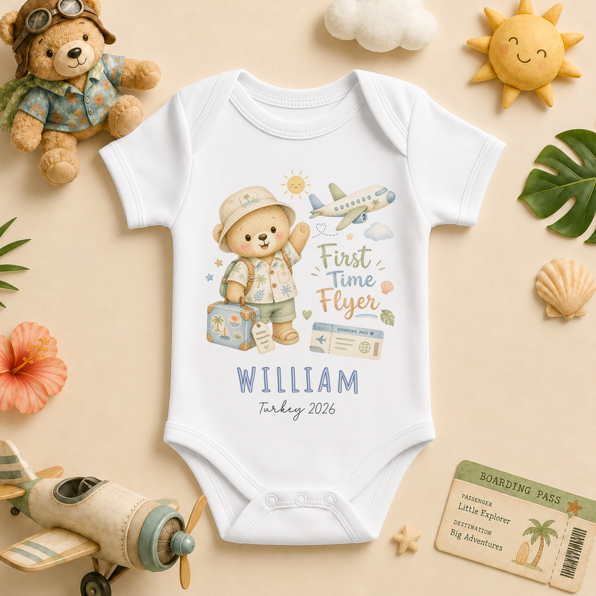 Personalised Summer Holiday Baby Vest Bodysuit for Boys, Little Flyer Bear Boy Traveller