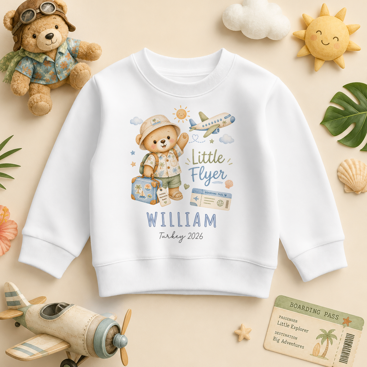 Personalised Summer Holiday Kids Sweatshirt for Boys, Little Flyer Bear Boy Traveller
