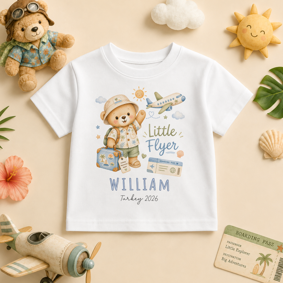 Personalised Summer Holiday Kids T-Shirt for Boys, Little Flyer Bear Boy Traveller