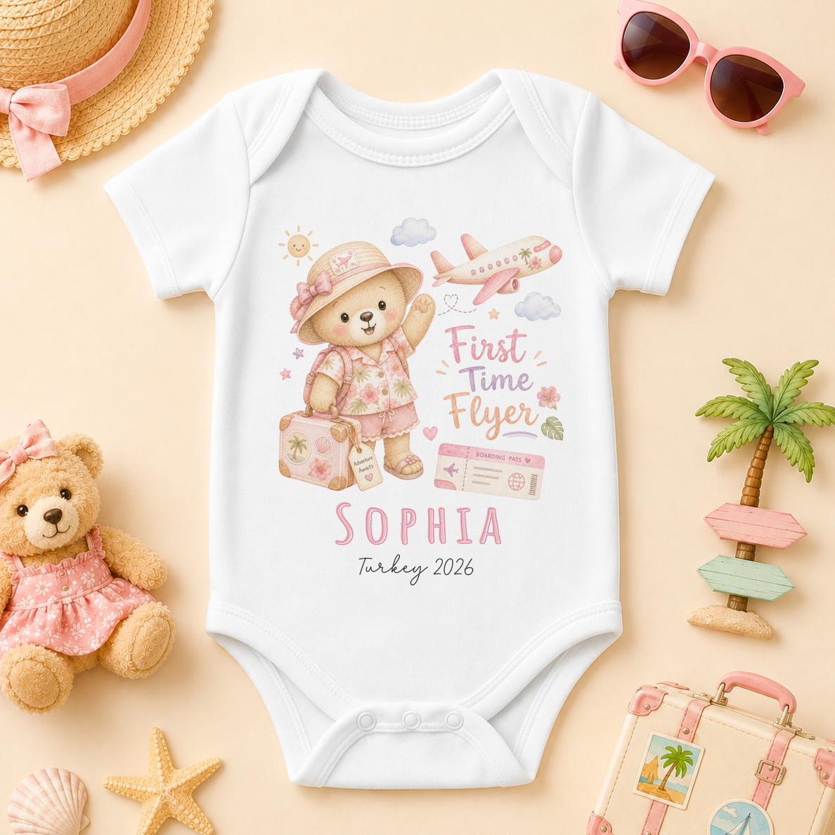 Personalised Summer Holiday Baby Vest Bodysuit for Girls, First Time Flyer Pink Girl Bear