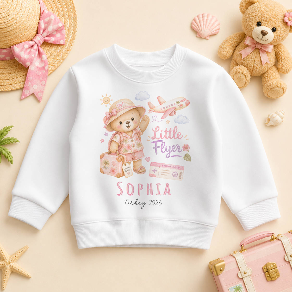 Personalised Summer Holiday Kids Sweatshirt for Girls, Little Flyer Pink Girl Bear Traveller