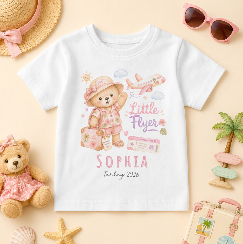 Personalised Summer Holiday Kids T-Shirt for Girls, Little Flyer Pink Girl Bear Traveller