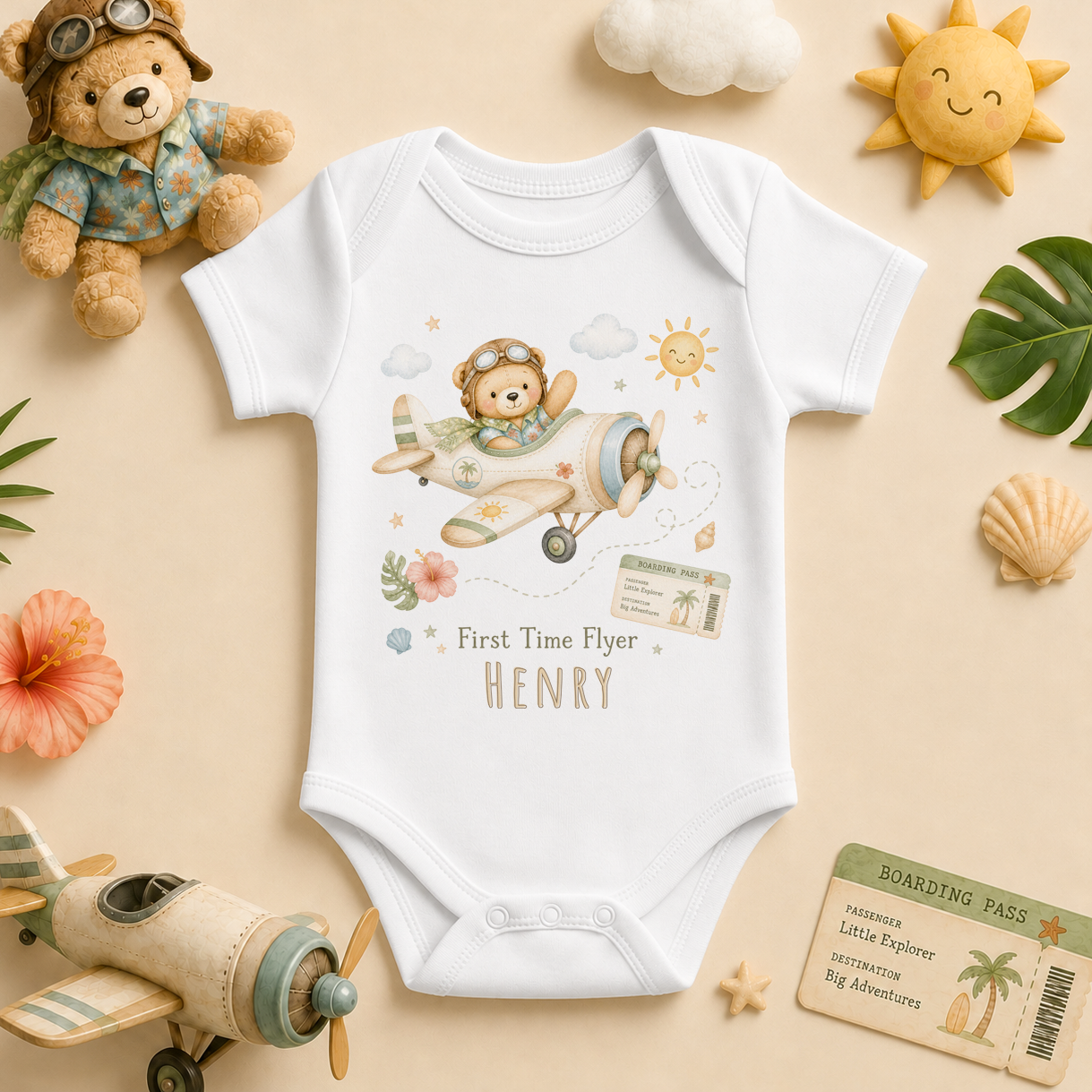 Personalised Summer Holiday Baby Vest Bodysuit, Little Flyer Bear Pilot Plane