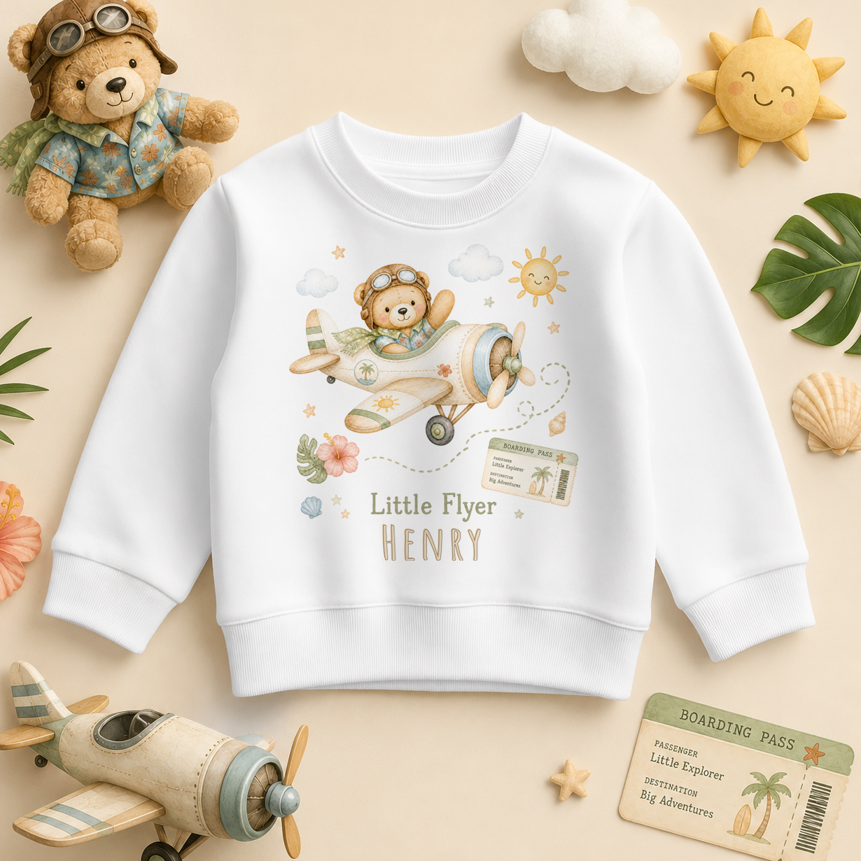 Personalised Summer Holiday Sweatshirt for Toddlers and Kids, Little Flyer Bear Pilot Plane