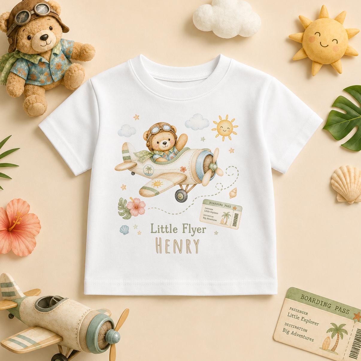 Personalised Summer Holiday T-Shirt for Toddlers and Kids, Little Flyer Bear Pilot Plane