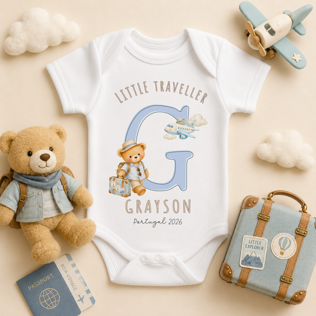 Personalised Summer Holiday Baby Vest Bodysuit for Boys, Little Traveller Boy Bear Initial