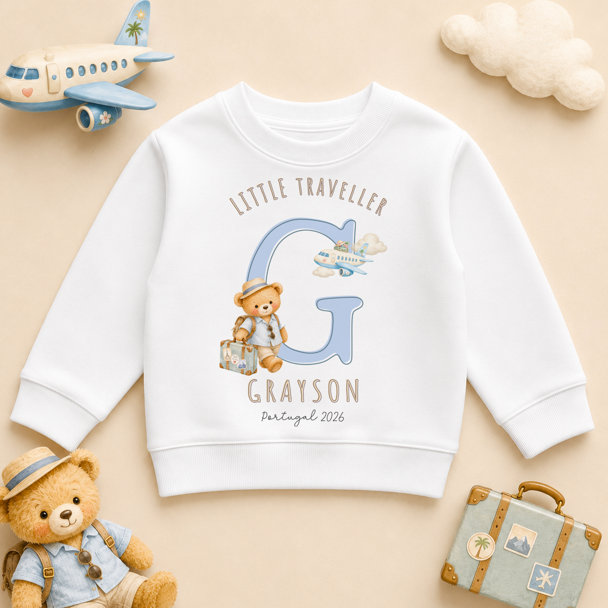 Personalised Summer Holiday Kids Sweatshirt for Boys, Little Traveller Boy Bear Initial