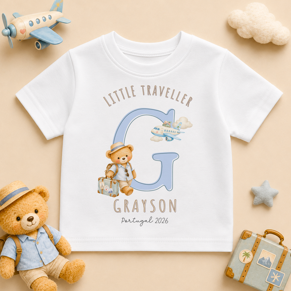 Personalised Summer Holiday Kids T-Shirt for Boys, Little Traveller Boy Bear Initial